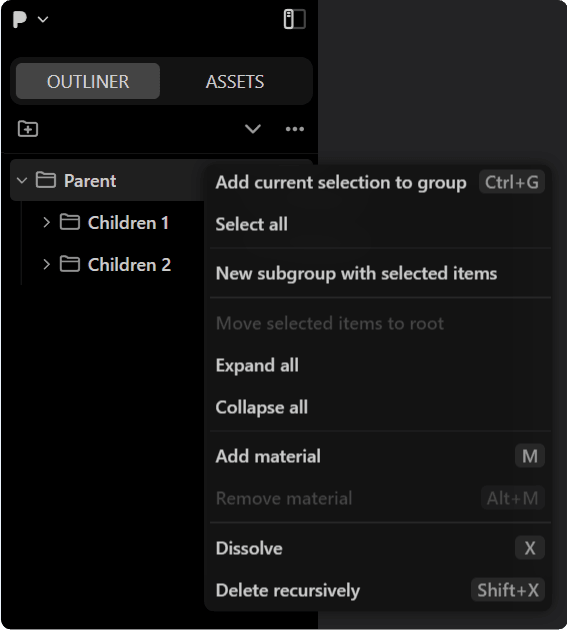 Group objects menu