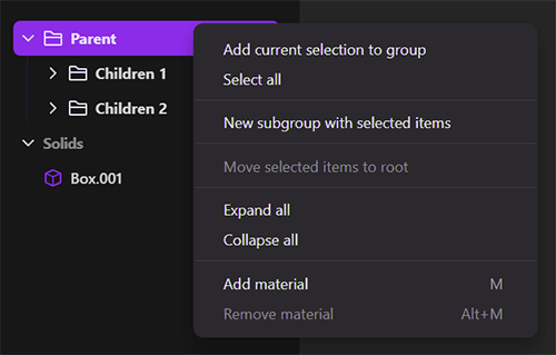 Group objects menu