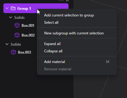 Group objects menu
